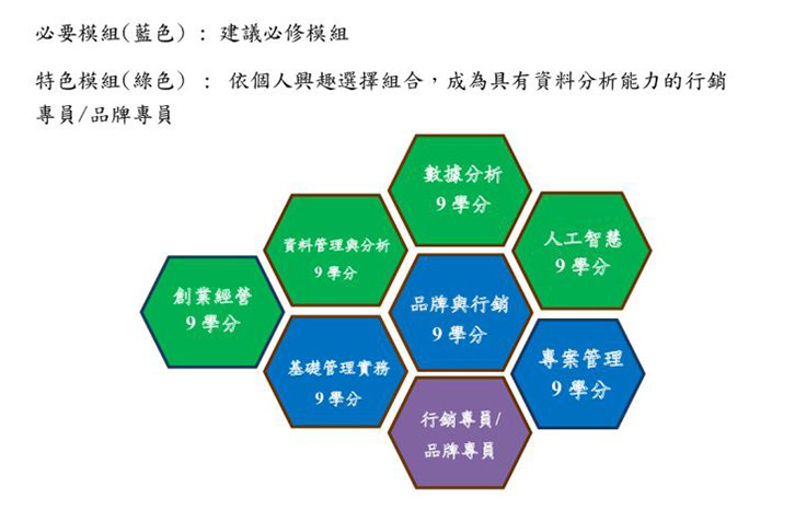 華梵大學智科系品牌行銷專員四年專業課表架構圖和課程模組蜂巢圖說明